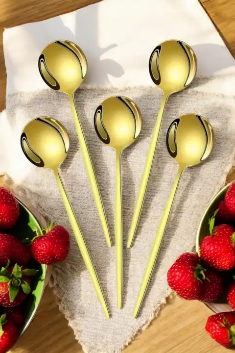 Lüx 6 Parça Gold Kaşık Seti Paslanmaz Çelik Çeyiz Kaşık Takımı Parlak Pürüzsüz Gold Series