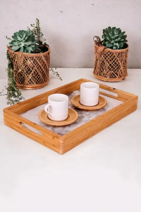 Lüx Bambu 5 Parça Kahve Fincan Takımı Beyaz Porselen Mermer Desenli Sunum Servis Sunum Tepsisi