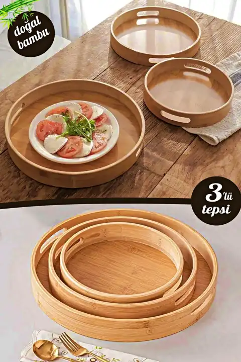 3lü Yuvarlak Bambu Tepsi Lüx Portatif Kahvaltı Çay Servis Sunum Tepsisi Kulplu Darke Kitchen Tepsi