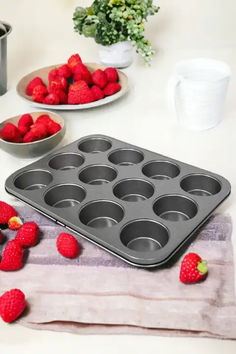 Muffin Kalıbı 12li Kek Kurabiye Cupcake Muffin Kalıbı Fırın Kapsül Tepsisi Granit Kaplama İnox Gri