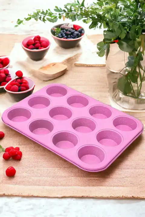 Muffin Kalıbı 12li Kek Kurabiye Cupcake Muffin Kalıbı Fırın Kapsül Tepsisi Granit Kaplama Pembe