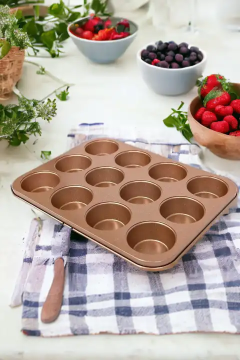 Muffin Kalıbı 12li Kek Kurabiye Cupcake Muffin Kalıbı Fırın Kapsül Tepsi Granit Kaplama Rise Gold