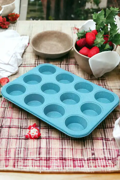 Muffin Kalıbı 12li Kek Kurabiye Cupcake Muffin Kalıbı Fırın Kapsül Tepsisi Granit Kaplama Soft Mavi
