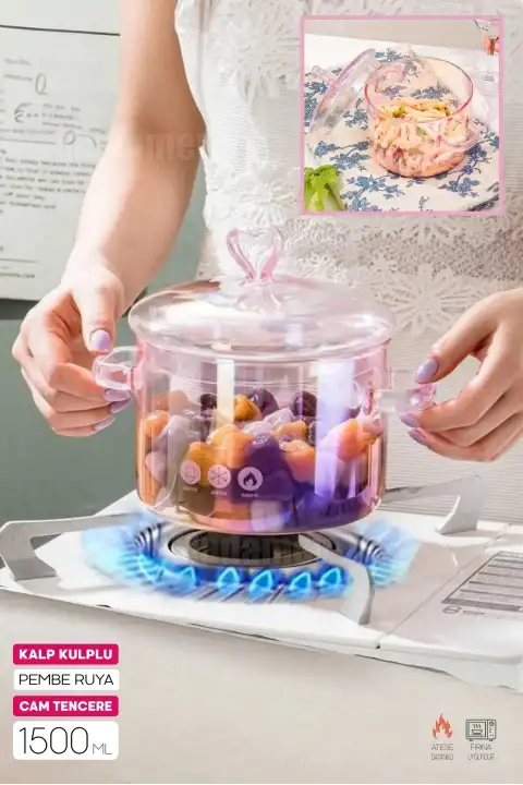 Pembe Kalp Figürlü Cam Tencere Isıya Dayanıklı Borosilikat Termisil Ocak Üstü Kulplu 1500 ml
