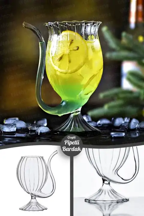 Pipetli Çizgili Bardak Flüt Dekor Soğuk Sıcak Meşrubat Kokteyl Bardağı Dayanıklı Retro Cam Bardak