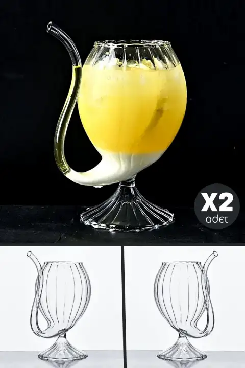 2 Adet Pipetli Çizgili Bardak Flüt Dekor Soğuk Sıcak Meşrubat Kokteyl Bardağı Retro Cam Bardak Seti