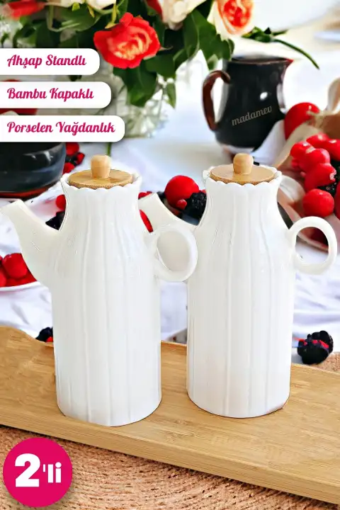 2li Premium Porselen Yağdanlık Stantlı Vakumlu Bambu Kapak Beyaz Zeytinyağı Yağlık Sosluk Sirkelik