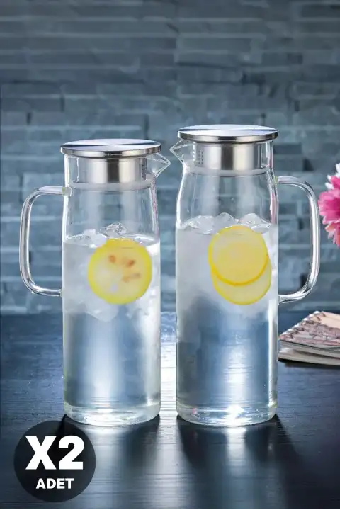 2li Retro Cam Sürahi Kulplu Çelik Kapaklı Soğuk Sıcak Kokteyl Meşrubat Cam Sürahisi 1500 ml Seti