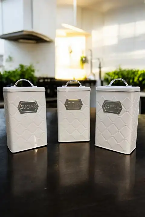3lü Metal Saklama Kabı Kapaklı Coffee, Sugar, Tea Stil Saklama Kutusu