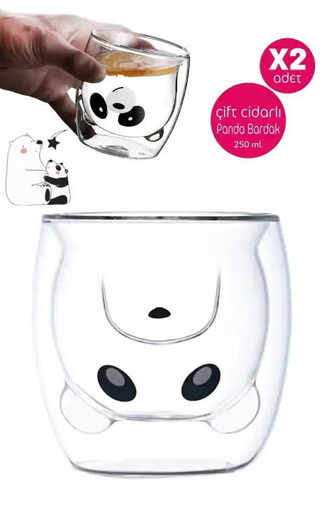 Sevimli Panda Çift Cidarlı Bardak Süt Çay Kahve Su Bardağı 250ml Isı Yalıtımlı Kupa Bardak Seti