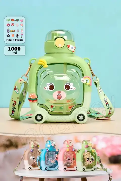 Sevimli Ayıcık Su Matarası Suluk Bpa İçermez Yeşil Okul Kapaklı Su Şişesi Sticker Figürlü 1000 ml