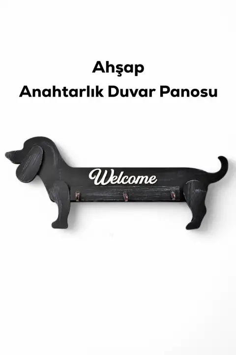 Siyah Ahşap Uzun Köpek Anahtarlık Duvar Panosu