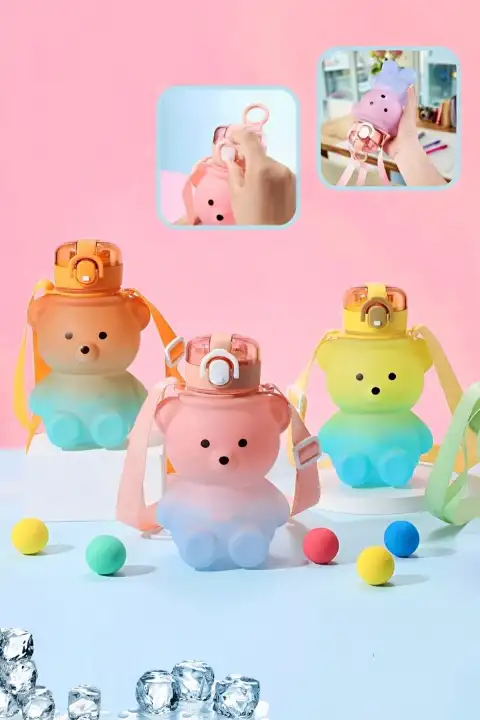 Smile Ayıcık Model Su Matarası 800 ml Askılı Çocuk Okul Su Şişesi Pipetli BPA İçermez Still Suluk