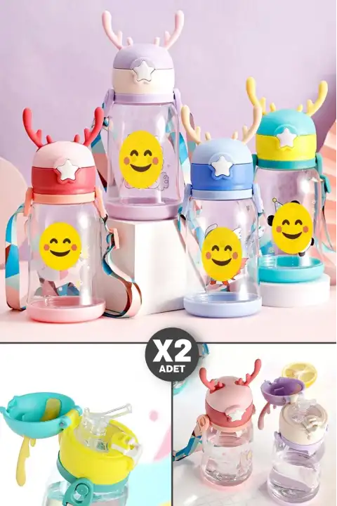 2 Adet Su Matara Geyik Kulaklı Figürlü Omuz Askılı Pipetli Çocuk Suluk Su Şişesi 600 ml