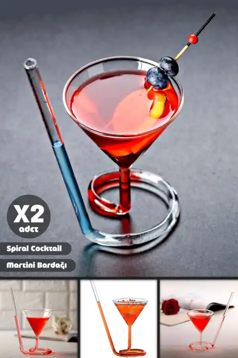 2li Spiral Cocktail Kendinden Pipetli Martini Kokteyl Sunum Bardağı New Cam Meşrubat İçki Bardak