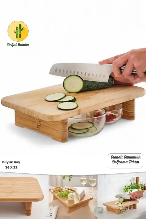Standlı Bambu Doğrama Tahtası Ayaklı Sunumluk Tezgahüstü Kesme Tahtası Büyük Boy Kesim Panosu 36x22