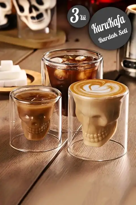 3lü Kuru Kafa Tasarımlı Çift Cidarlı Cam Bardak Kahve Sunum Bar Kokteyl Bardağı Kristal Cam Kupa