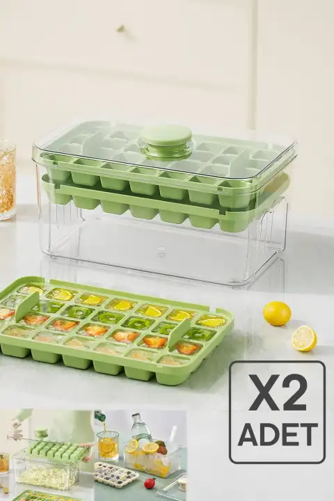 2li Yeni Nesil Basmalı Çift Buz Kalıbı Buzluk – Kapaklı Saklama Kutulu 56 Bölmeli Hazneli Buz Küpü