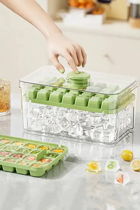 Basmalı Çift Buz Kalıbı Buzluk Kapaklı Saklama Kutulu 56 Bölmeli Hazneli Buz Küpü Buzluk