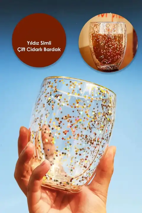 Yıldız Simli Çift Cidarlı Bardak Kahve Sunum Kokteyl Bardağı Isıya Dayanıklı Borosilikat 350ml