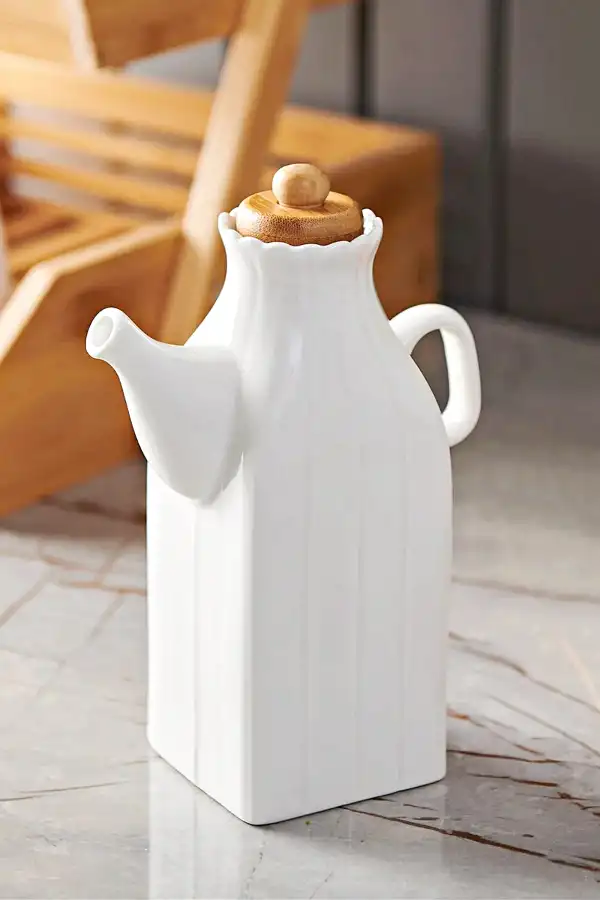 2li Square Porselen Yağdanlık Vakumlu Bambu Kapak Beyaz Zeytinyağı Yağlık Sosluk Sirkelik Seti