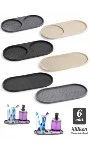 6 Adet Silikon Kaymaz Yağdanlık Altlığı Sabunluk Standı Sunum Tepsi 2 Bölmeli Çerezlik Stant Seti