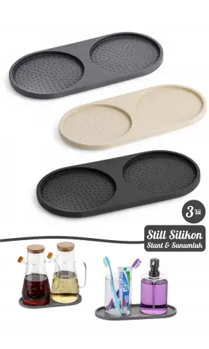 3 Adet Silikon Kaymaz Yağdanlık Altlığı Sabunluk Standı Sunum Tepsi 2 Bölmeli Çerezlik Stant Seti