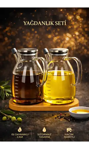 2li Ahşap Standlı 1000ml Zeytinyağı Sıvıyağ Şişesi Borosilikat Cam Çelik Kapaklı Yağlık Yağdanlık