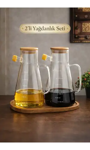 Bambu Kapaklı Vakumlu Borosilikat 3lü Set Cam Yağlık Sirkelik Stantlı Ayçiçek Zeytinyağı Şişesi