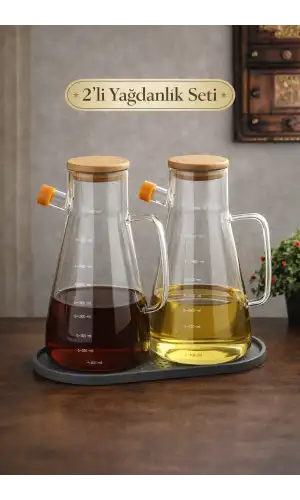 Bambu Kapaklı Vakumlu Borosilikat 3lü Set Stantlı Cam Yağlık Sirkelik Ayçiçek Zeytinyağı Şişesi