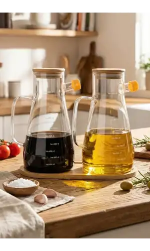 Bambu Kapaklı Cam Yağdanlık Vakumlu Ahşap Stantlı Sirkelik Zeytinyağı Şişesi Yağlık 900 ml 3lü Set