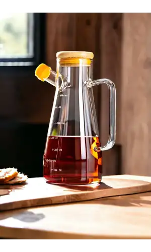 Bambu Kapaklı Cam Yağdanlık Vakumlu Ahşap Stantlı Sirkelik Zeytinyağı Şişesi Yağlık 900 ml