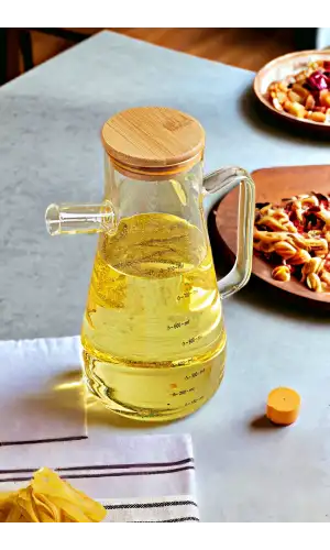 Bambu Kapaklı Cam Yağdanlık Vakumlu Borosilikat Cam Sirkelik Zeytinyağı Şişesi Yağlık 900 ml.