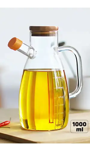 Bambu Kapaklı Yağdanlık 1000 ml Borosilikat Cam Yağlık Sirkelik Şişesi Master Vakumlu Sosluk