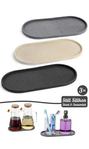 3 Adet Silikon Kaymaz Yağdanlık Altlığı Sabunluk Standı Sunum Tepsi Oval Çerezlik Stant 2 Bölmeli
