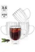 4'lü Çift Cidarlı 450 ml Kulplu Isıya Dayanıklı Cam Bardak Burgulu Çay Süt Kahve Kupası Bardağı Set - Görsel 1