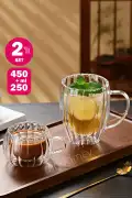 2'li Çift Cidarlı 450+250 ml Isıya Dayanıklı Cam Bardak Soğuk Burgulu Çay Süt Kahve Kupası Bardağı - Görsel 1