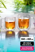 2'li Çift Cidarlı Bardak Seti 350+450 ml Isıya Dayanıklı Espresso Sunum Bardağı Kulplu Kahve Kupası - Görsel 2