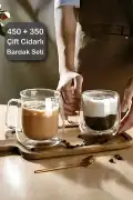 2'li Çift Cidarlı Bardak Seti 350+450 ml Isıya Dayanıklı Espresso Sunum Bardağı Kulplu Kahve Kupası - Görsel 1