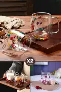 2li Çiçekli Çift Cidarlı Kulplu Bardak Handmade Flower Cup Kahve Sunum Meşrubat Bardağı 250ml Seti