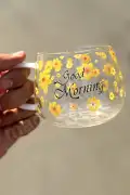 2li Good Morning Çiçekli Kupa Cam Bardak Isıya Dayanıklı Kulplu Kahve Sunum Kahvaltı Süt Bardağı
