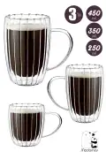 3'lü Çift Cidarlı Kulplu Isıya Dayanıklı Cam Bardağı Seti Burgulu 450 + 350 + 250 ml. Bardak Seti - Görsel 1