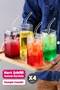 4 Adet Pipetli Kare Still Cam Bardak 350ml Isıya Dayanıklı Retro Kahve Sunum Kokteyl Bardağı Seti - Görsel 1