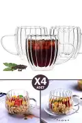 4'lü Çift Cidarlı 250 ml Kulplu Isıya Dayanıklı Cam Bardak Burgulu Çay Süt Kahve Kupası Bardağı Set - Görsel 1