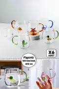 6'lı Figürlü Cam Bardak 3D Sevimli Karikatürler Bardağı Kawaii Renkli Kulplu Sunum Fincanı 350 ml. - Görsel 1