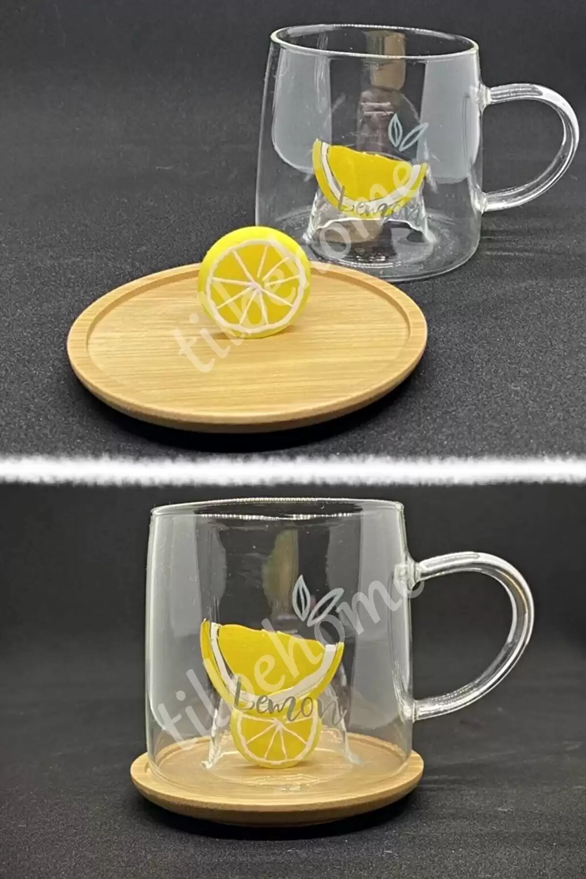 2li Bambu Kapaklı Borosilikat Cam Bardak Limon Figürlü Baskılı Meşrubat Kupası Termisil Bardak Seti