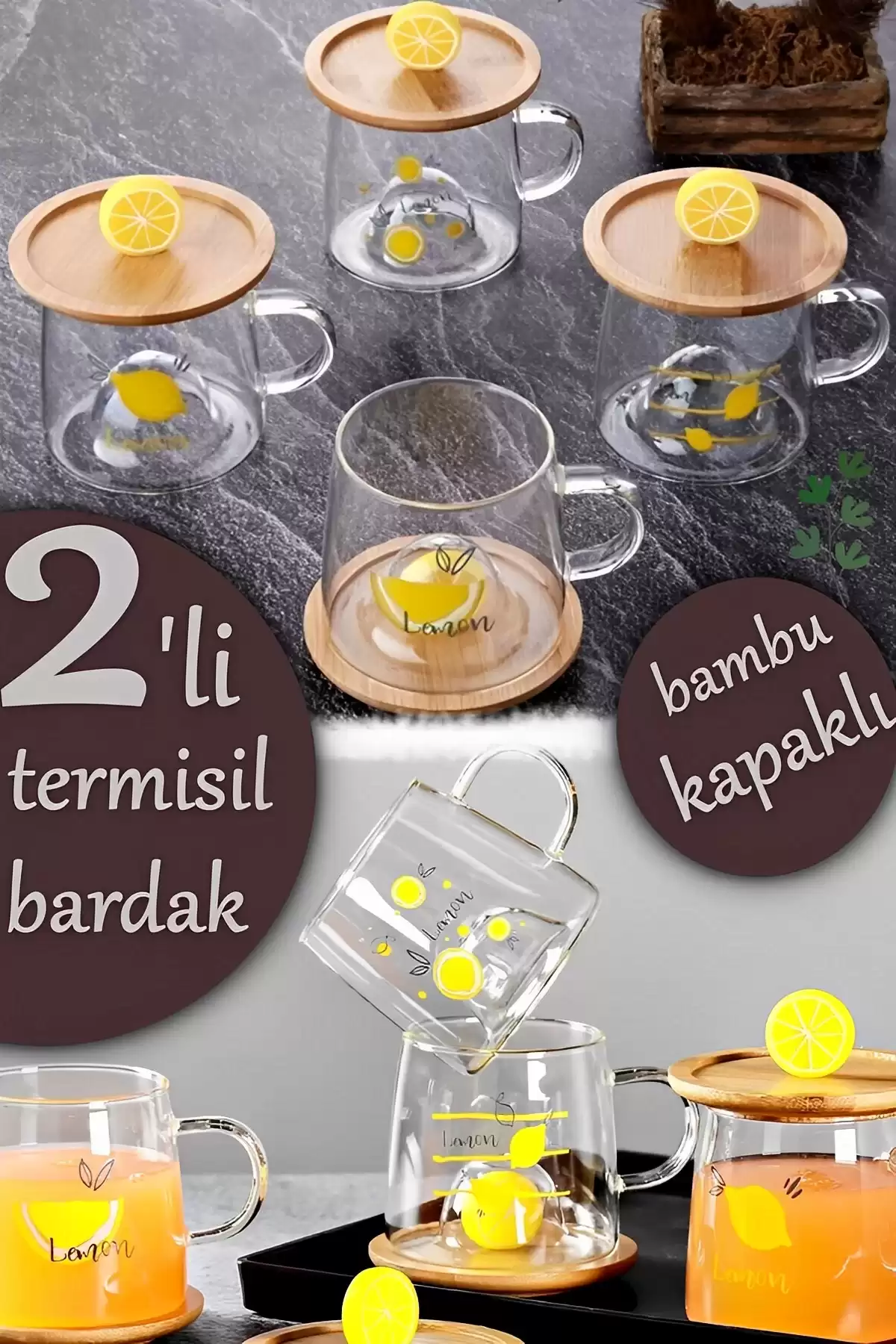 2li Bambu Kapaklı Borosilikat Cam Bardak Limon Figürlü Baskılı Meşrubat Kupası Termisil Bardak Seti