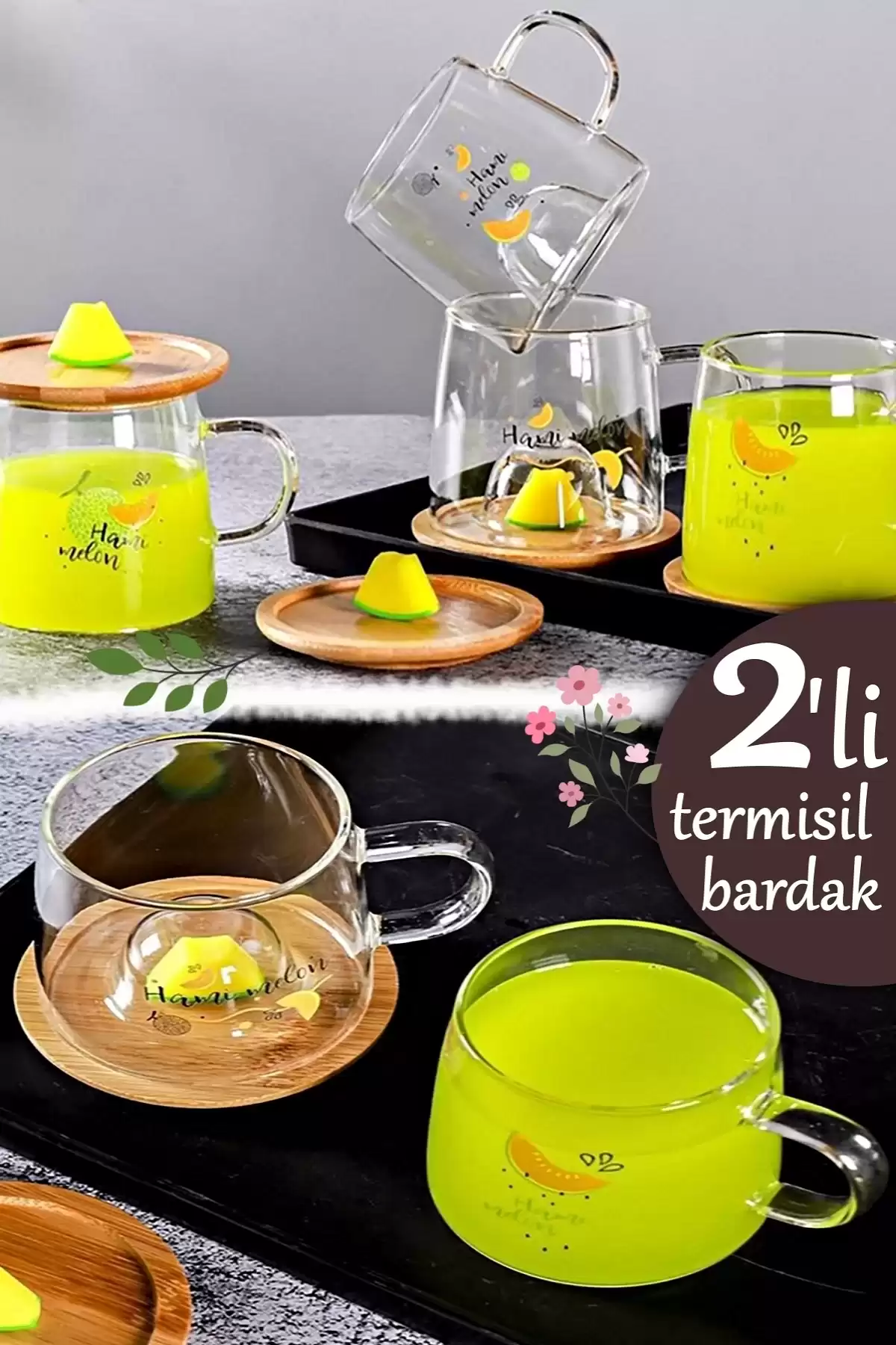 2li Bambu Kapaklı Borosilikat Cam Bardak Kavun Figürlü Baskılı Meşrubat Kupası Termisil Bardak Seti