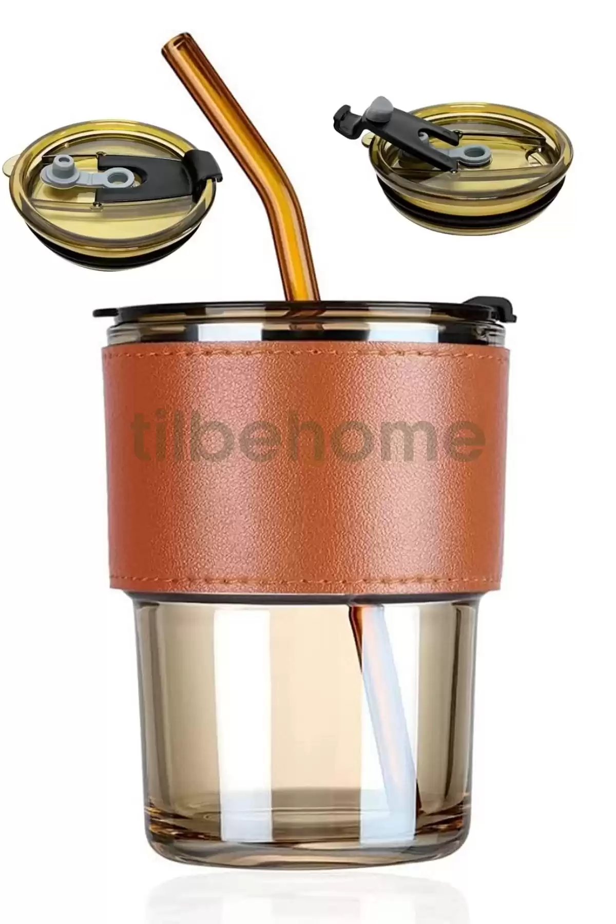 3lü Retro Stil Bardak 450ml Isıya Dayanıklı Pipetli Deri Şerit Borosilikat Cam Kahve Sunum Bardağı