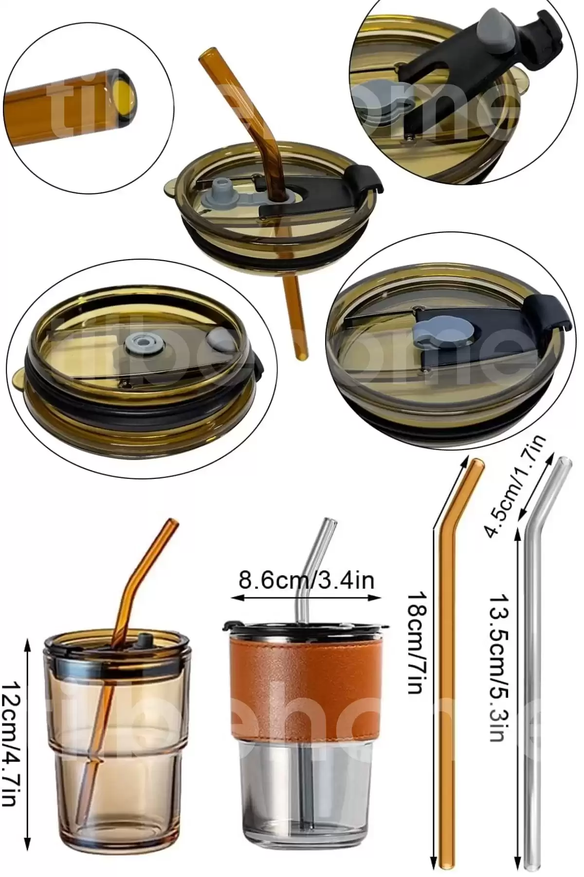 3lü Retro Stil Bardak 450ml Isıya Dayanıklı Pipetli Deri Şerit Borosilikat Cam Kahve Sunum Bardağı